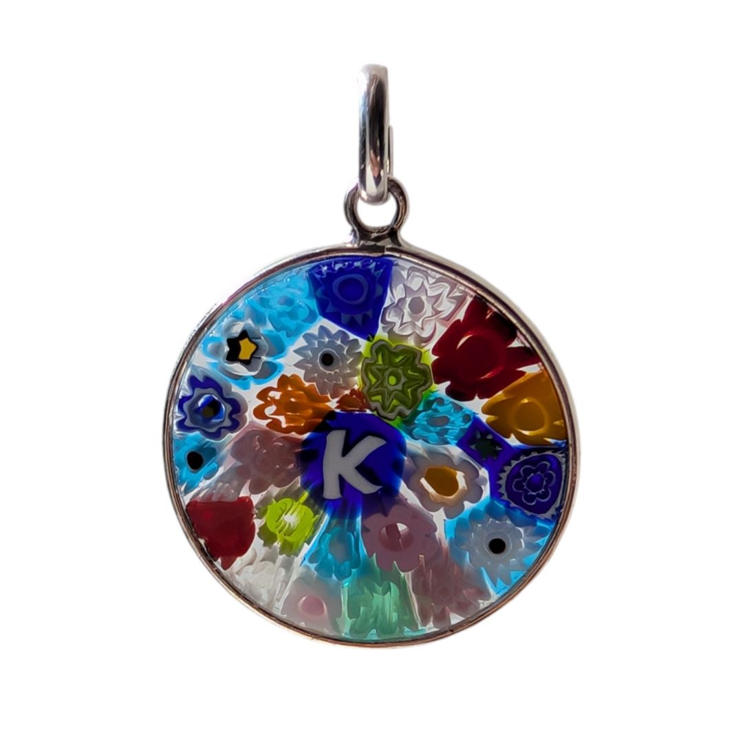 Letter K millefiori glass pendant murano glass flowers initials letter jewelry