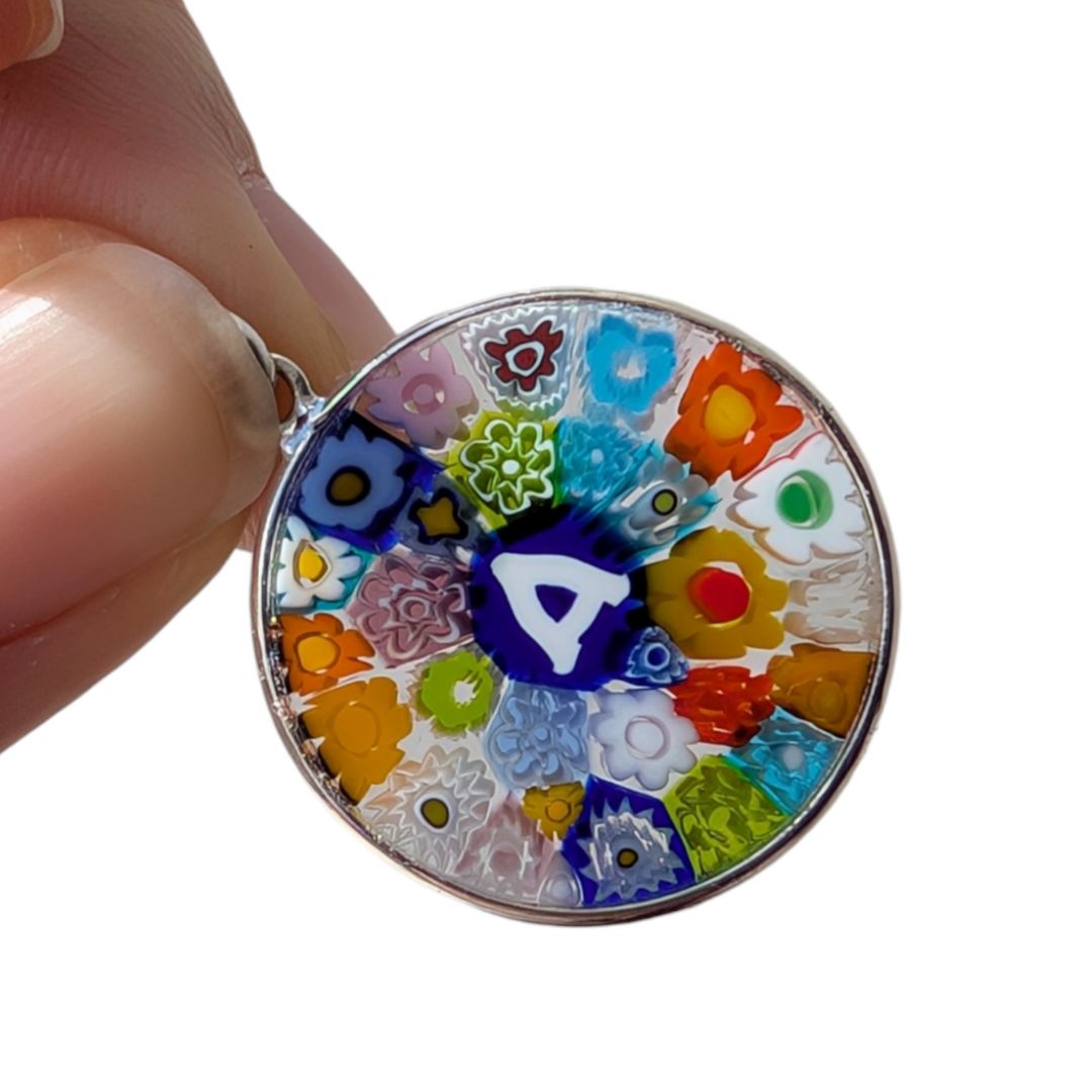 Letter A millefiori glass pendant murano glass flowers initials letter jewelry