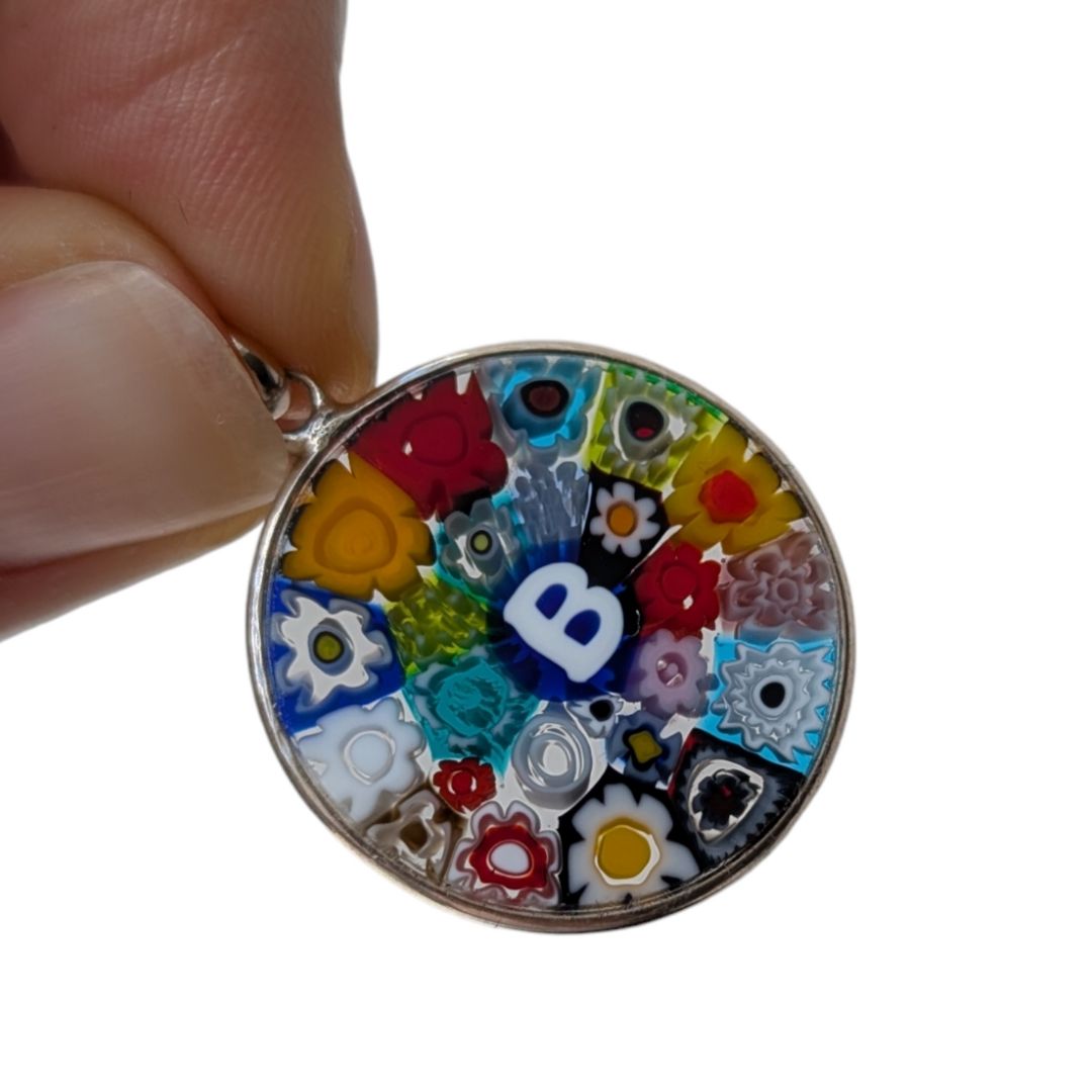 Letter B millefiori glass pendant murano glass flowers initials letter jewelry