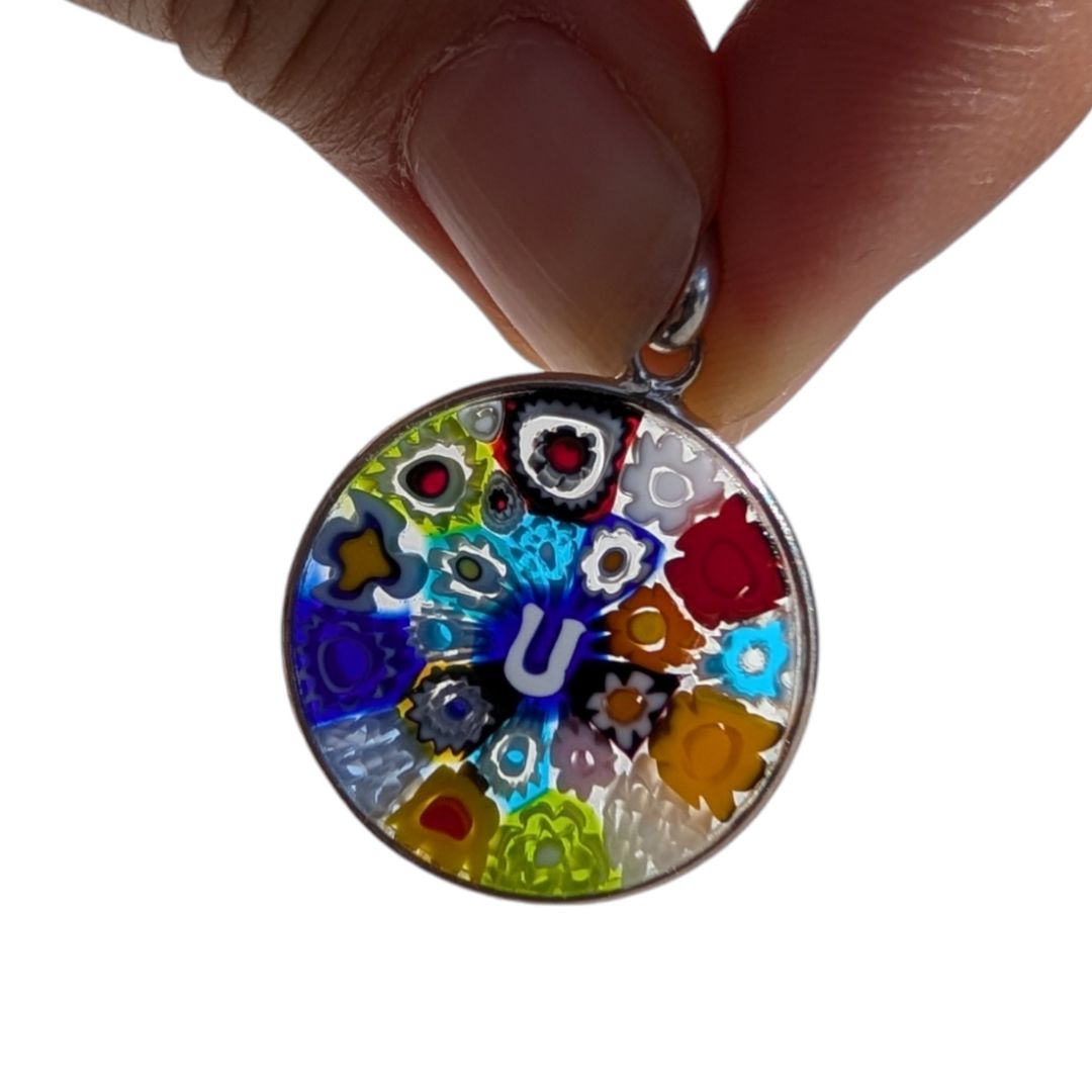 Letter U millefiori glass pendant murano glass flowers initials letter jewelry
