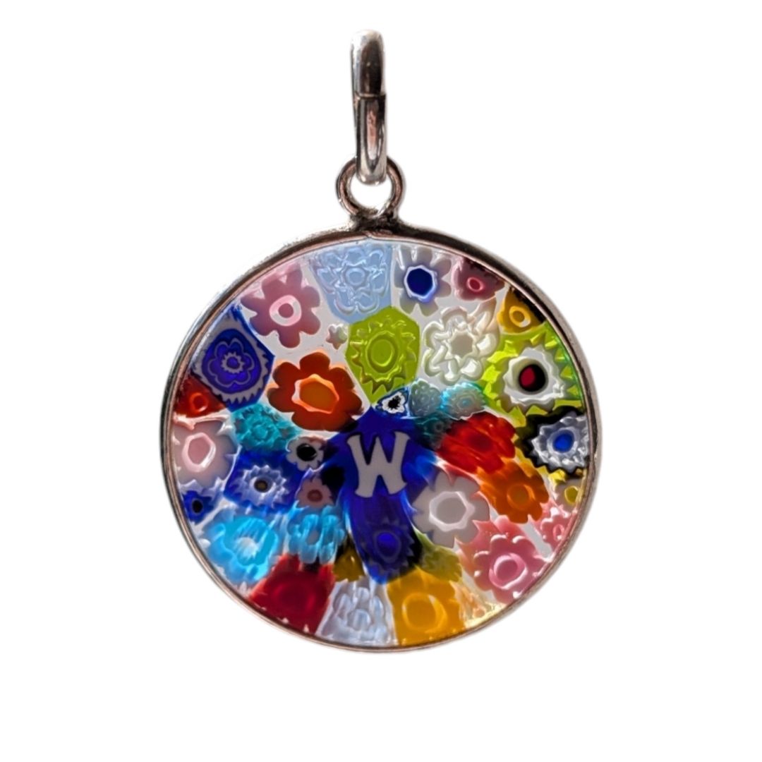 Letter W millefiori glass pendant murano glass flowers initials letter jewelry