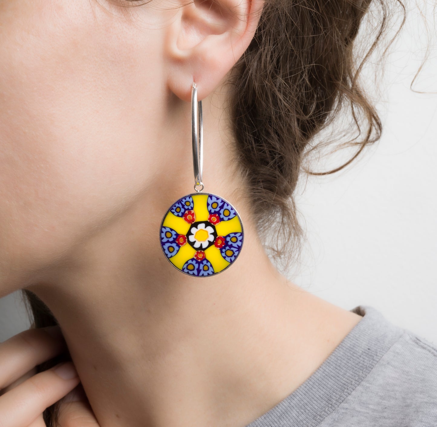 Millefiori Murrina Large Drop Earrings - Milky Way Blue