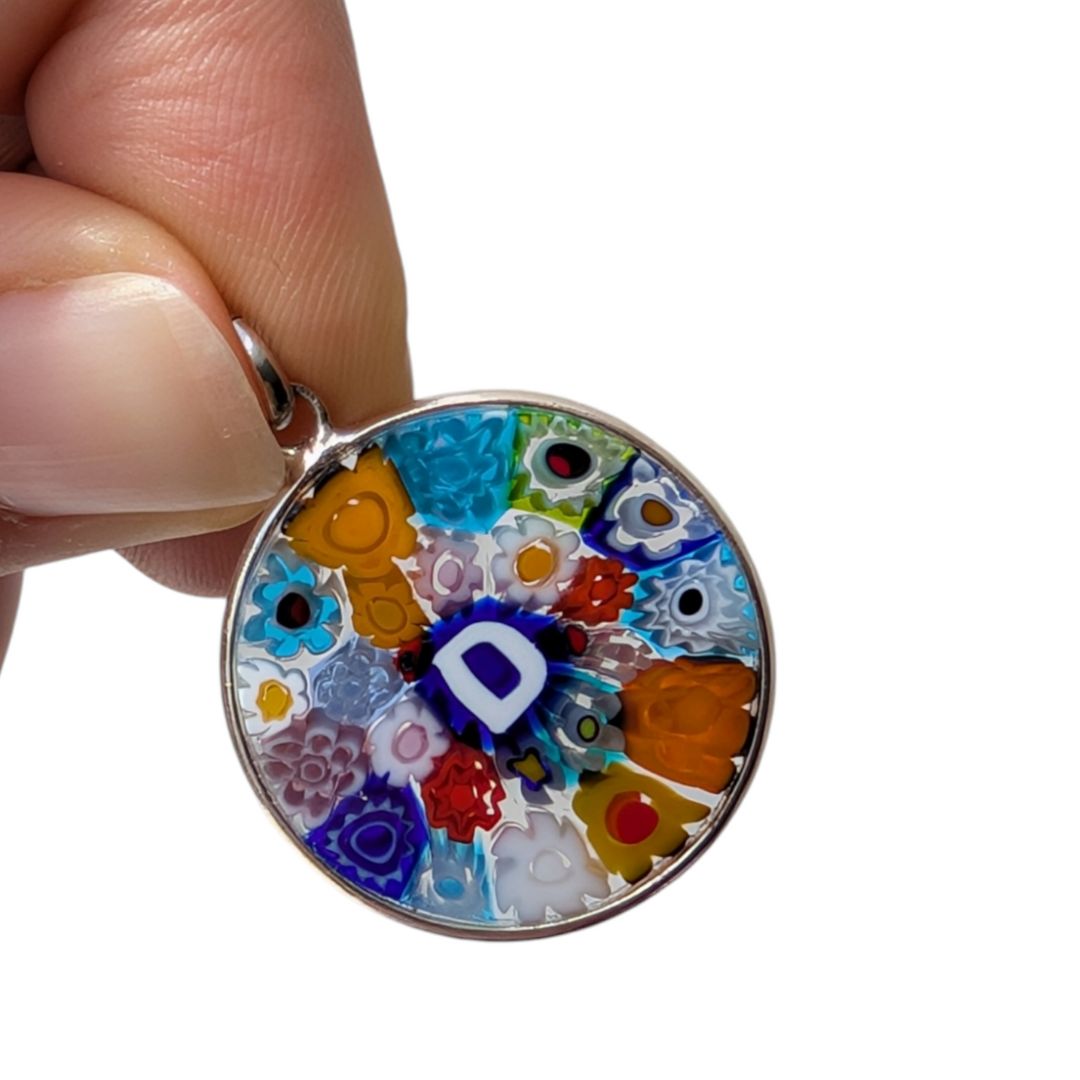 Letter D millefiori glass pendant murano glass flowers initials letter jewelry