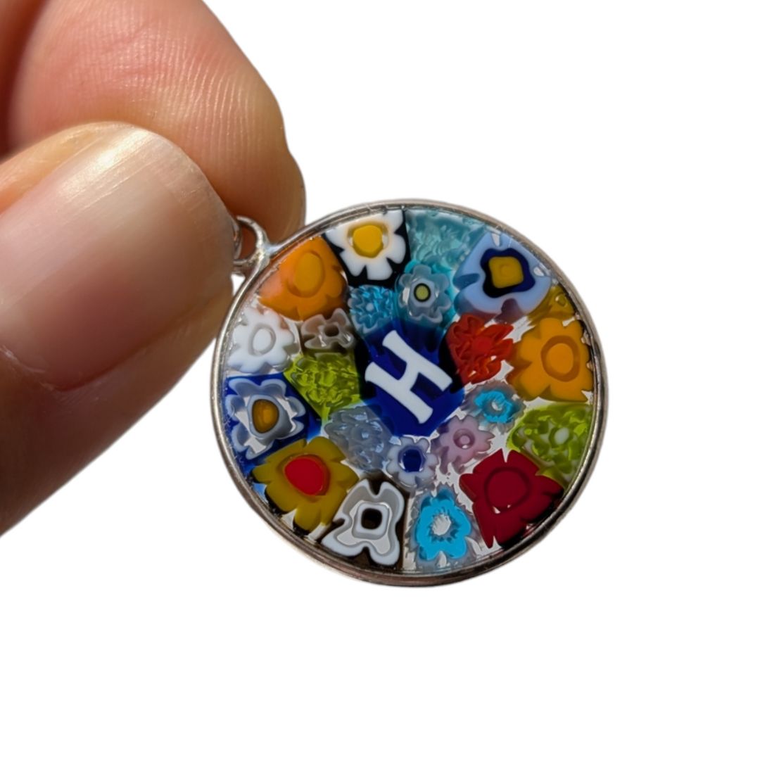 Letter H millefiori glass pendant murano glass flowers initials letter jewelry