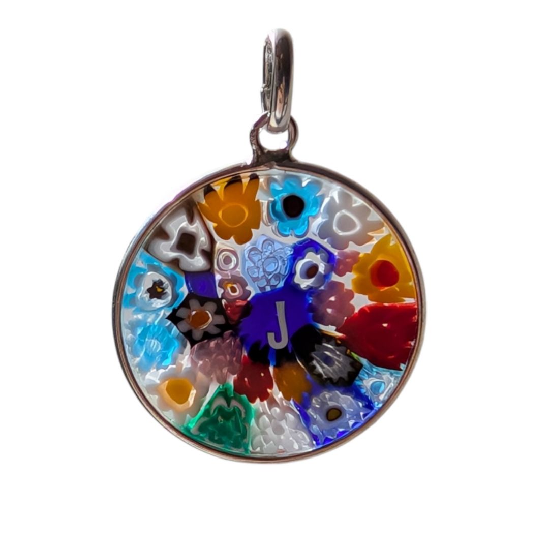 Letter J millefiori glass pendant murano glass flowers initials letter jewelry