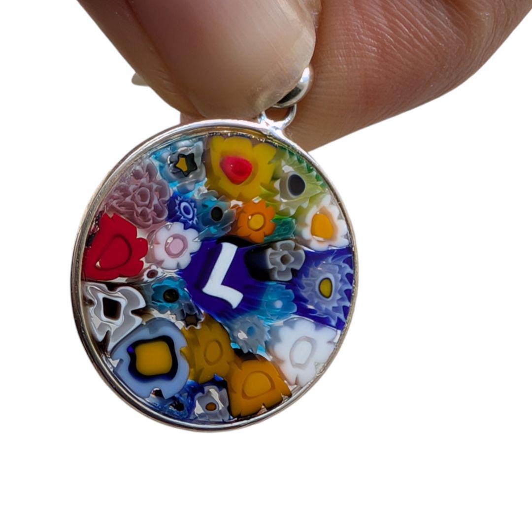 Letter L millefiori glass pendant murano glass flowers initials letter jewelry