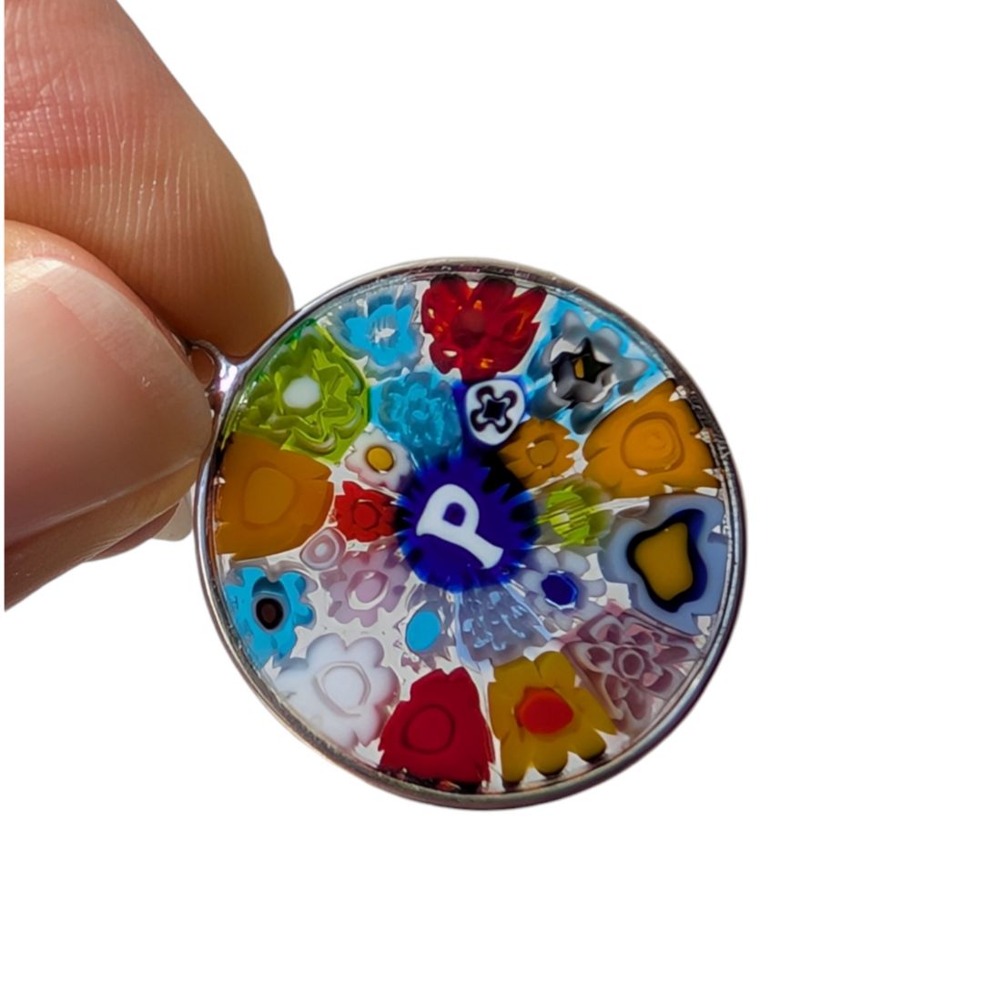 Letter P millefiori glass pendant murano glass flowers initials letter jewelry