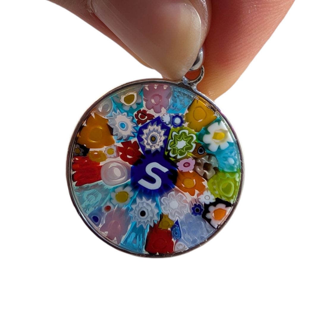 Letter S millefiori glass pendant murano glass flowers initials letter jewelry.