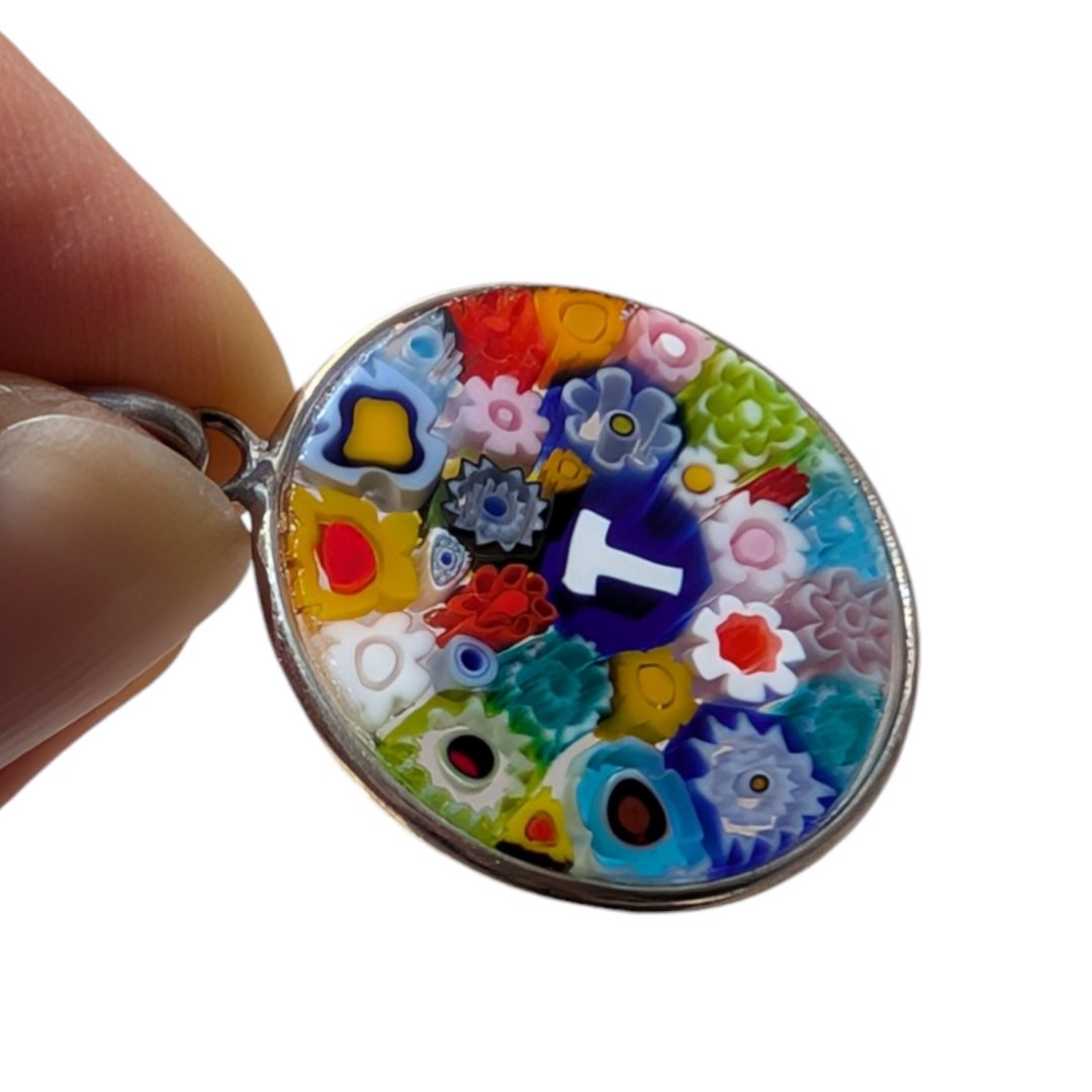 Letter T millefiori glass pendant murano glass flowers initials letter jewelry