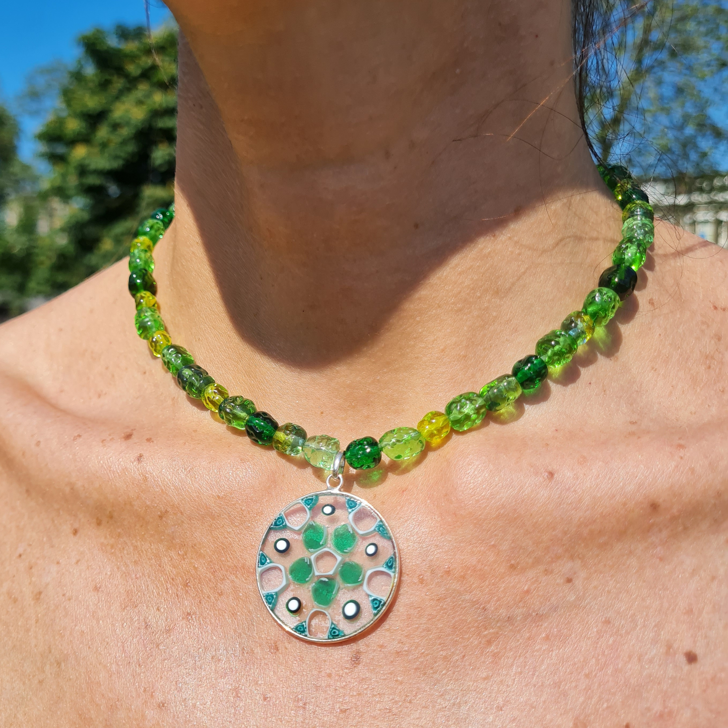 green millefiori glass venetian beads necklace