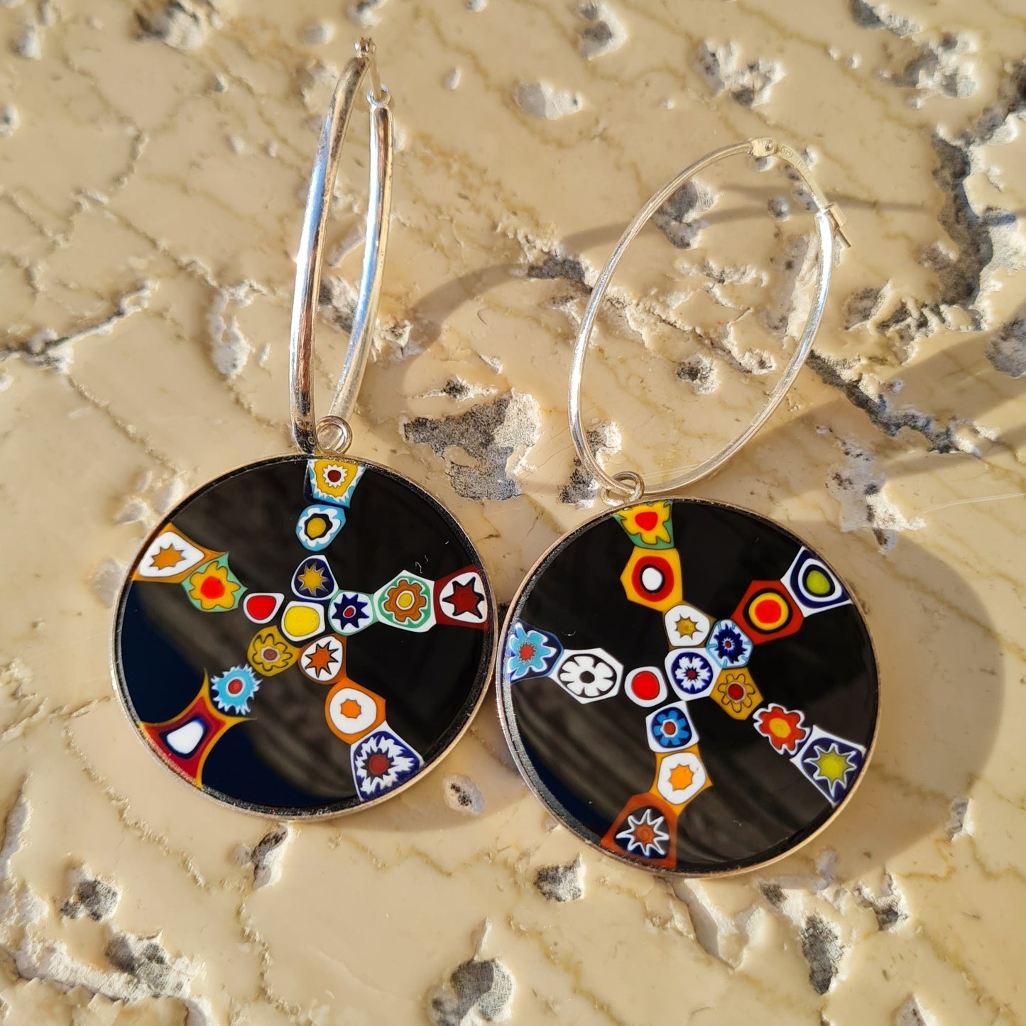 Millefiori Murrina Large Drop Earrings - Star Multicolour