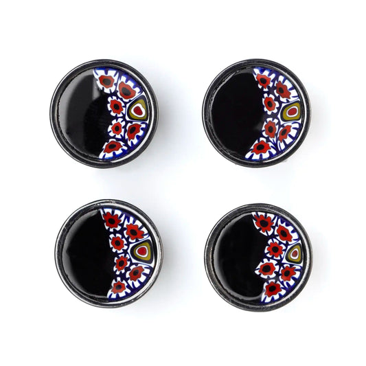 Small Murrina Glass Button - Half Flowers Black/Red