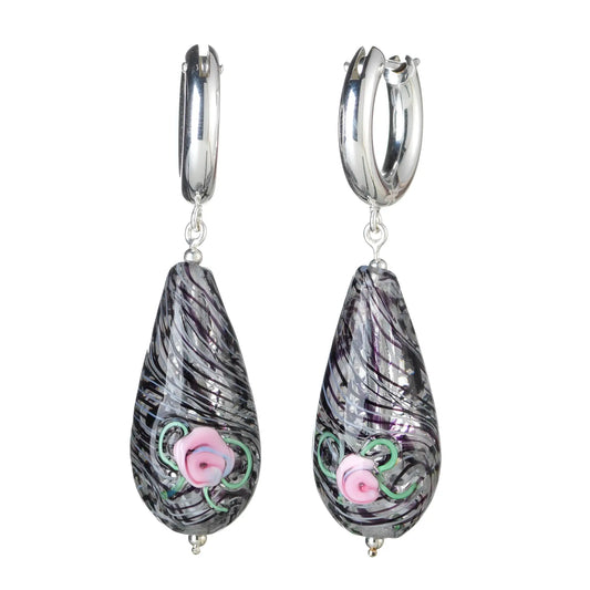 filigrana black glass teardrop beads pink rose and ribbon silver earrings